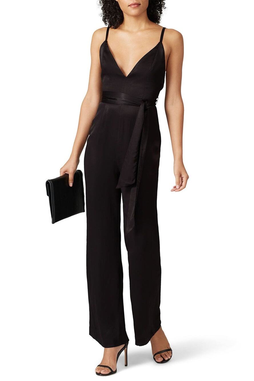 Fame and Partners Benton Black Satin Tie Waist Sleeveless Jumpsuit Size 6